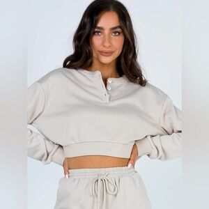 Princess Polly Rise & Lounge Cropped Beige Henley Sweatshirt 02